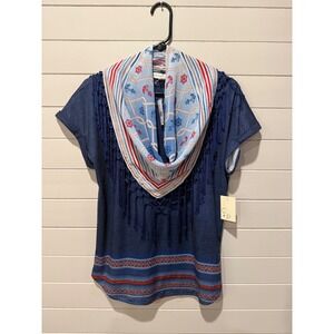 Cactus + Pearl Women Small Blue Nautical Scarf Top Fringe Anchor Print NWT